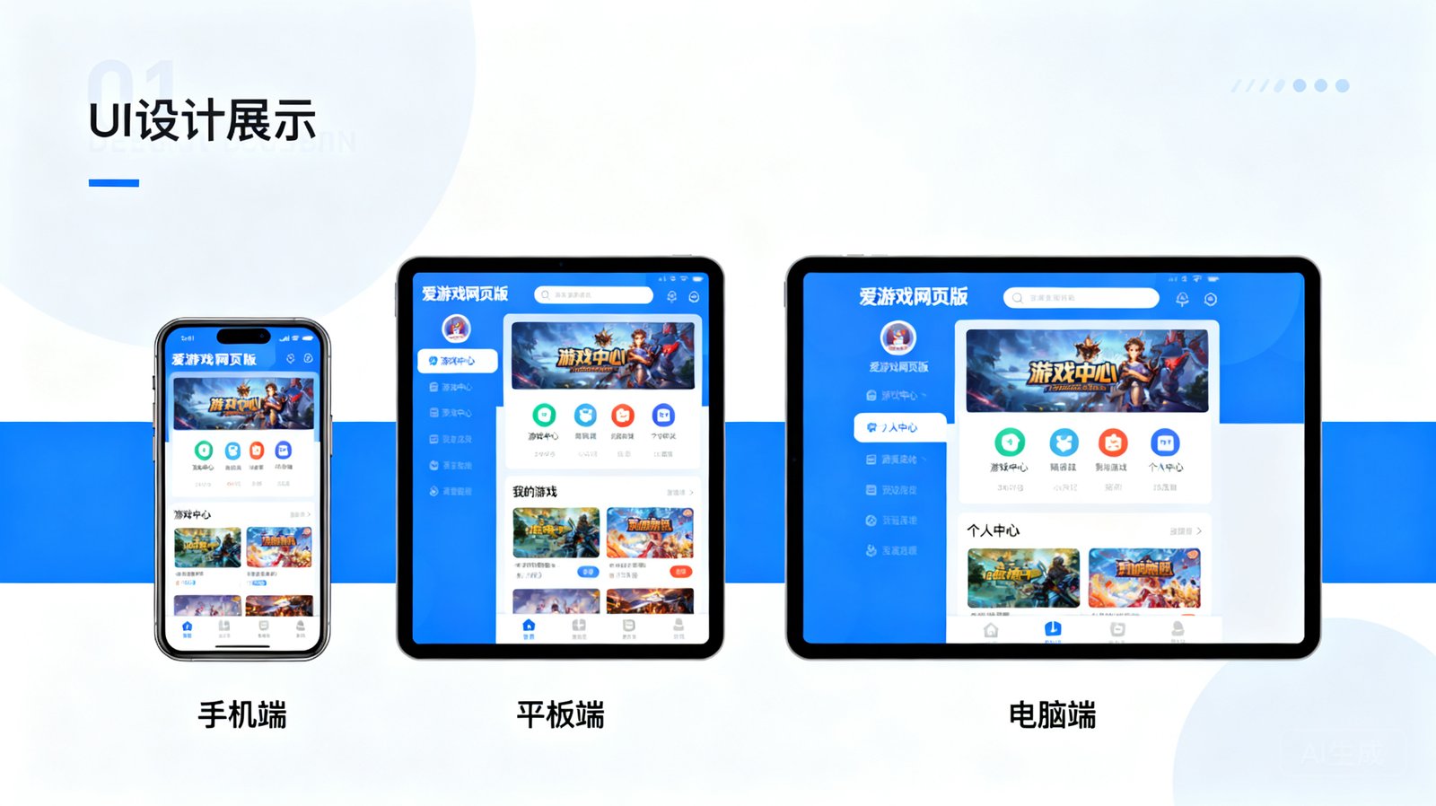 爱游戏网页版在手机、平板和电脑上的多终端适配界面展示，突出跨设备无缝体验